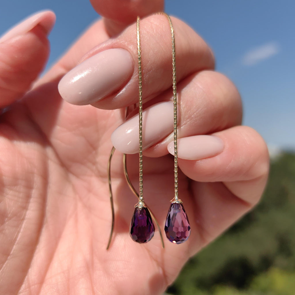 Natural Purple Amethyst Drop 14k Solid  Yellow Gold Dangle Elegant Long Statement Chain Earrings Gift for Her