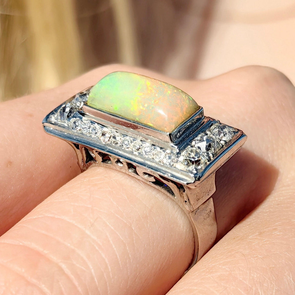 Art Deco Antique Vintage Diamond and Opal 14k White Gold Statement Ring