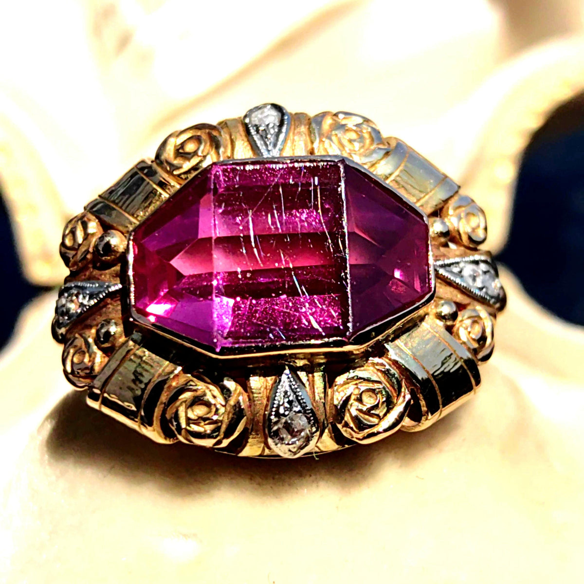 Art Deco 18k Yellow Gold Ring: Vintage Lab Grown Ruby and Diamond