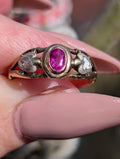 Victorian Ruby Rose Cut Diamond Ring 14k Yellow Rose Champagne Gold Silver, Antique 1890s Gypsy Alliance Band Engagement Gift for Her