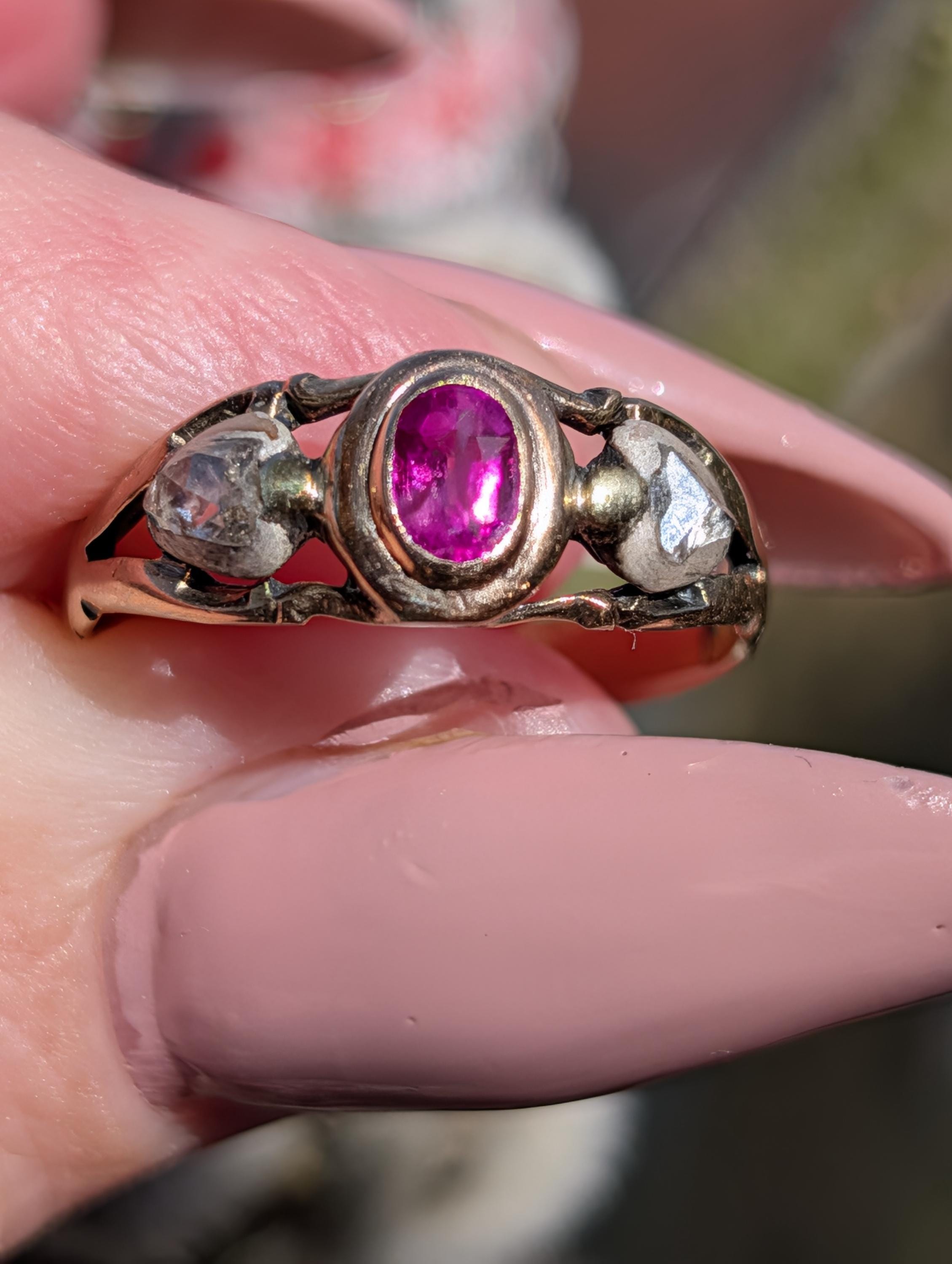 Victorian Ruby Rose Cut Diamond Ring 14k Yellow Rose Champagne Gold Silver, Antique 1890s Gypsy Alliance Band Engagement Gift for Her