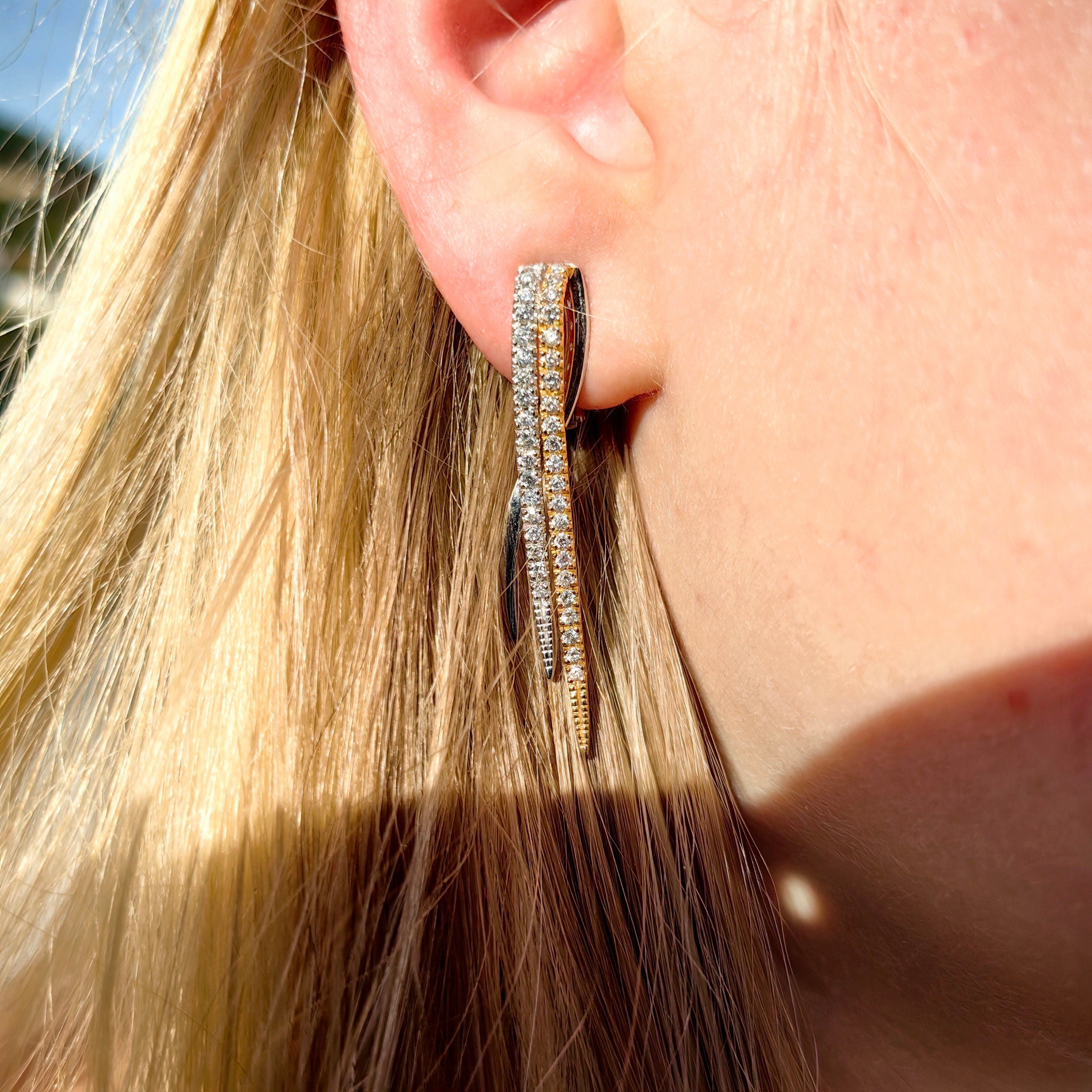 Diamond and 18k Hallmarked Yellow and White Gold Long Elegant Stud Earrings