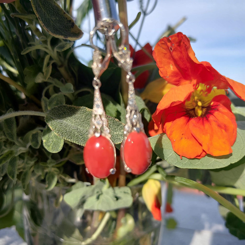 Art Deco Coral Diamond Earrings: 14k Yellow Gold Dangle Earrings