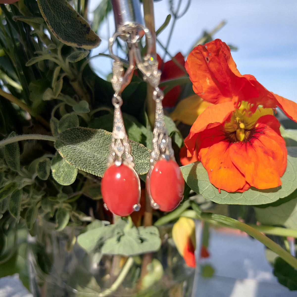 Art Deco Coral Diamond Earrings: 14k Yellow Gold Dangle Earrings