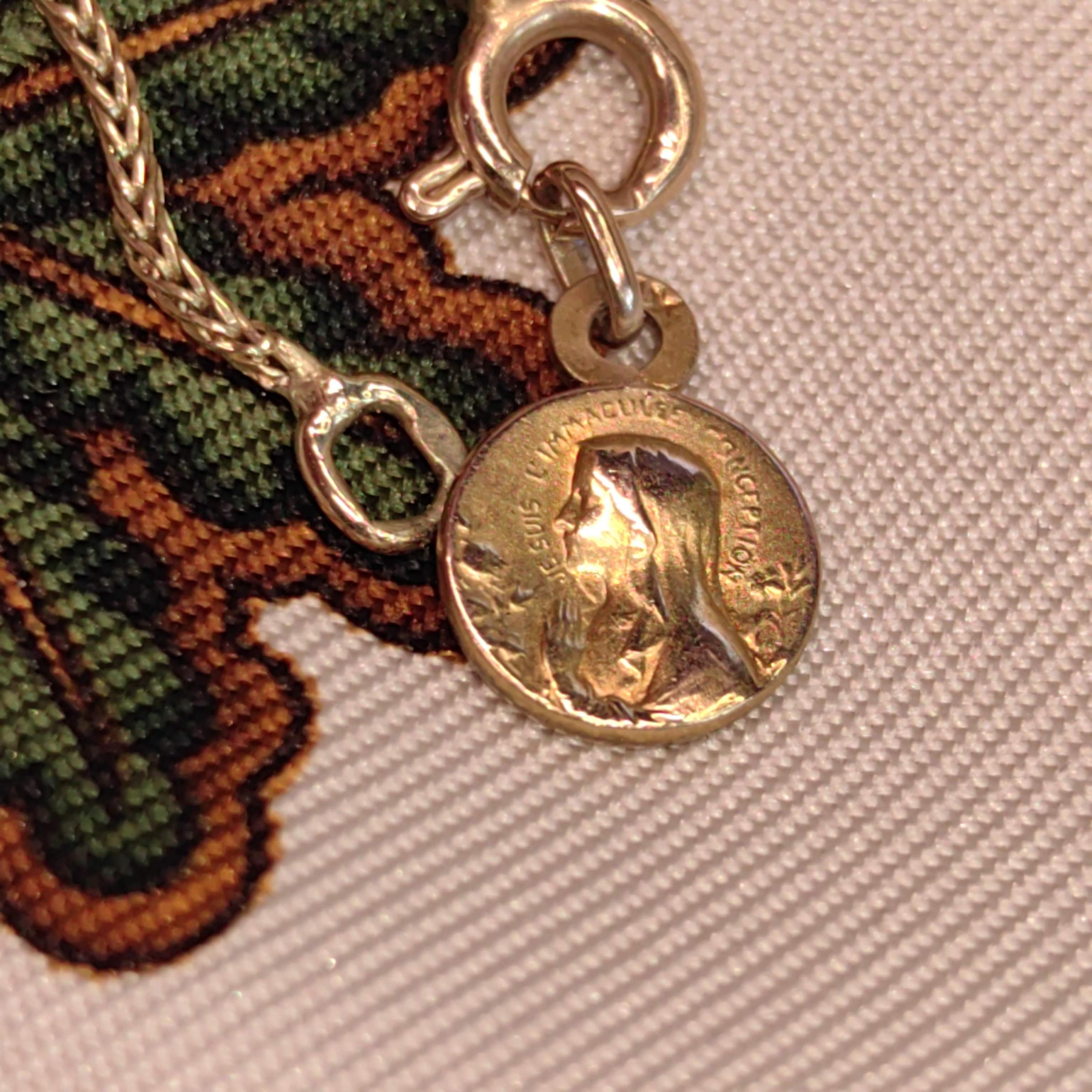 1900s Art Nouveau 14k Solid Yellow Rose Gold Handmade Chain Bracelet with Madonna Virgin Mary Christian Catholic Antique Vintage Charm