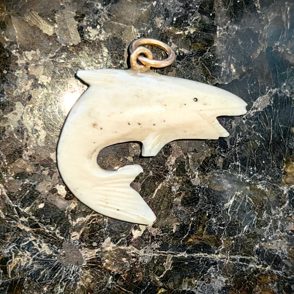 Vintage 1960s Bone and Solid 18k Yellow Gold Shark Whale Sea Ocean Surf Nautical Fish Retro Antique Pendant Gift Present