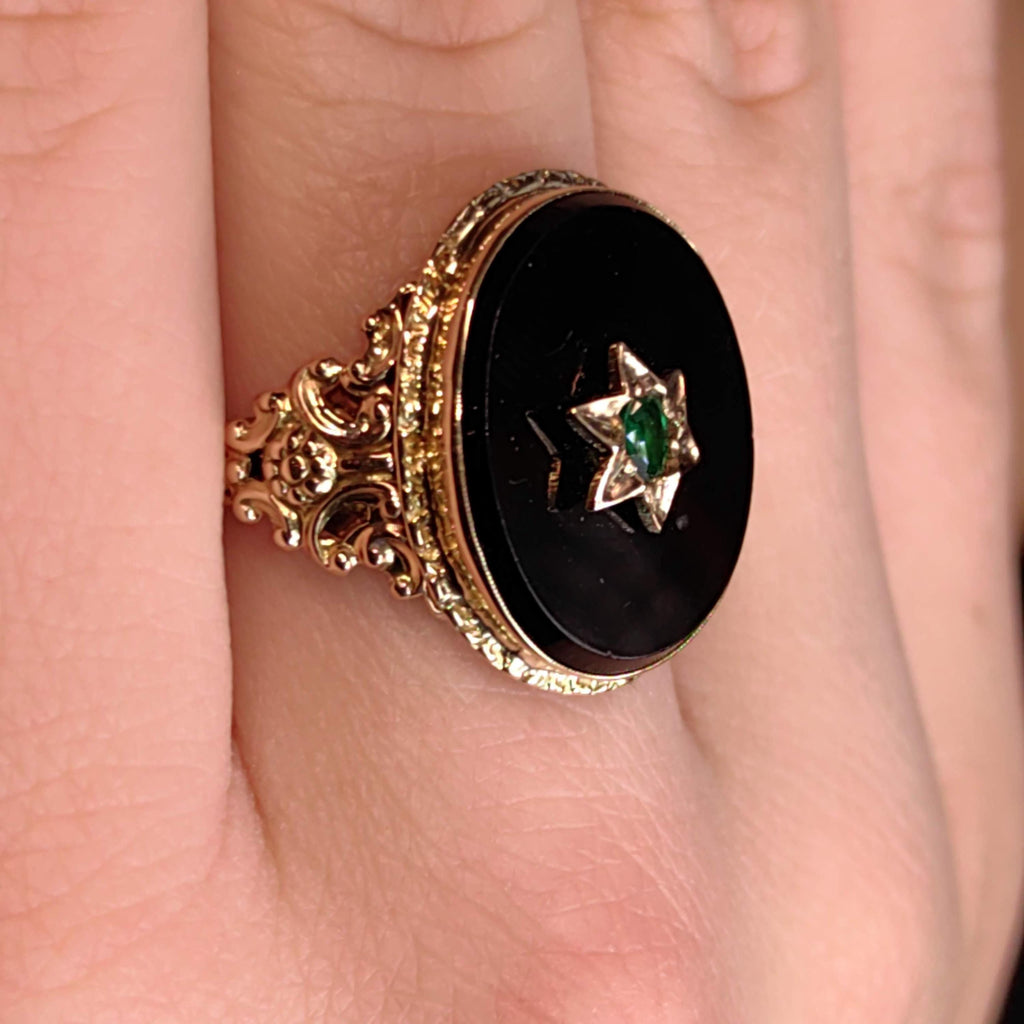 1920s Art Deco Natural Emerald Black Onyx 14k Gold Judaica Star of David Ring, Antique Geometric Statement Ring, Gift for Her