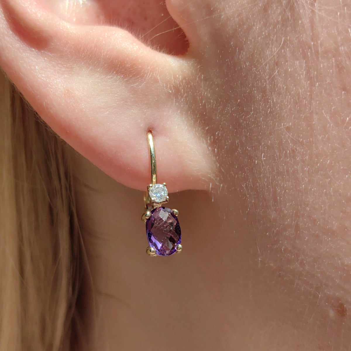 Vintage 14k Gold Amethyst & Diamond Drop Earrings: 1950s Dormeuse Sleepers
