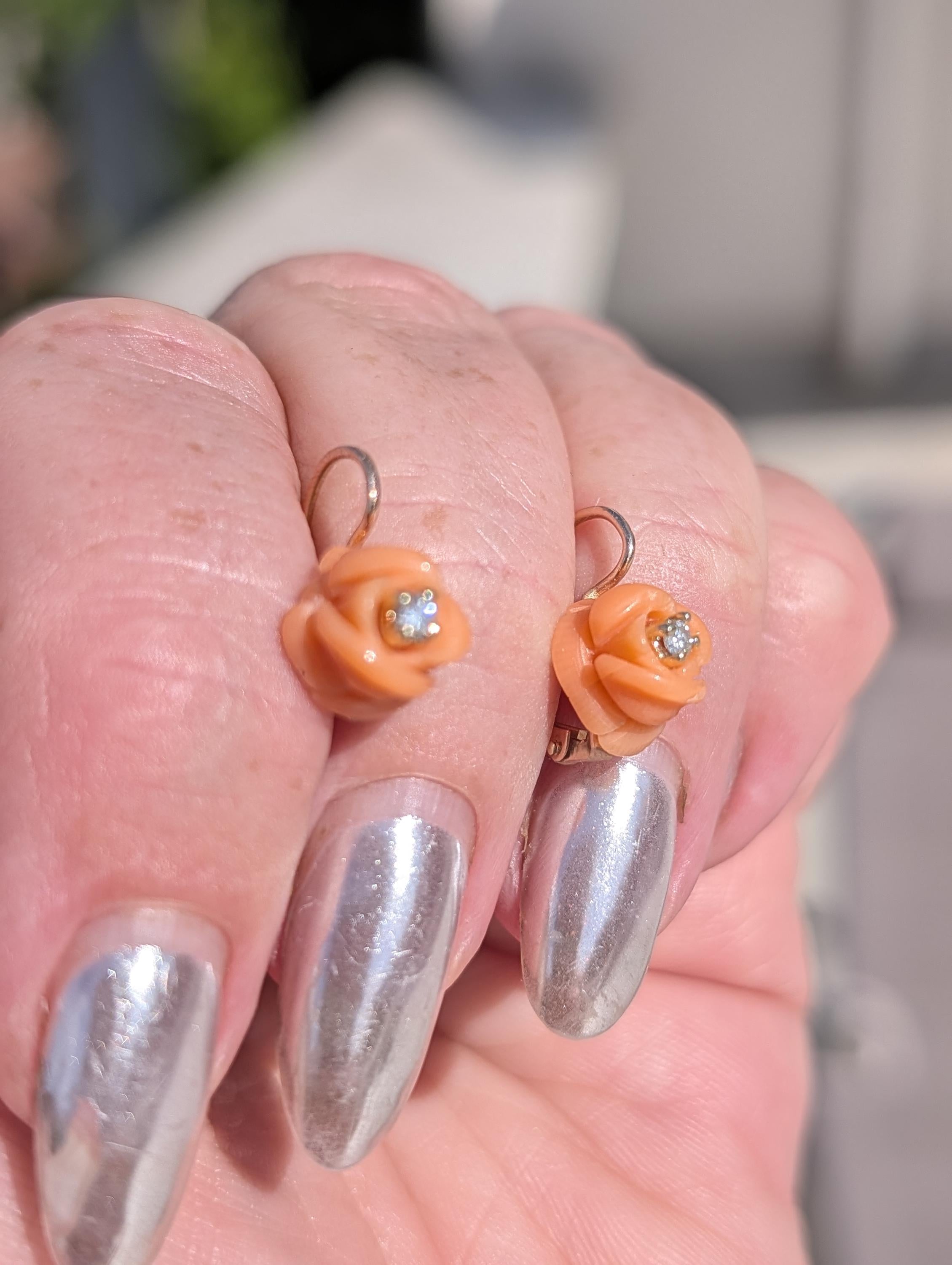 1950s Mid Century Hand Carved Coral Diamond 14k Gold Rose Earrings, Handmade Delicate Floral Lever Back Sleepers Earrings, Gift for Her