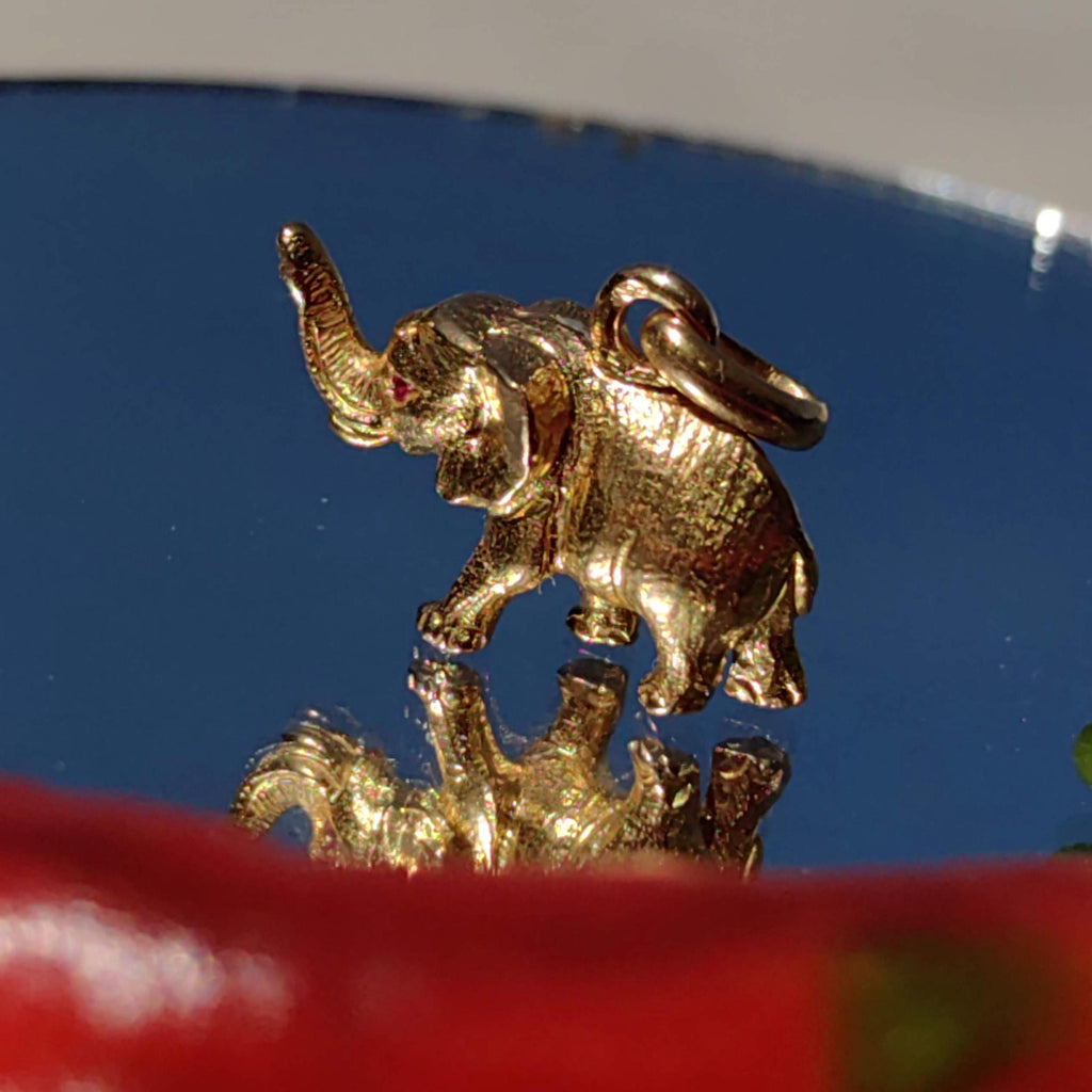 Vintage 18K Gold Elephant Charm: Genuine Ruby Pendant
