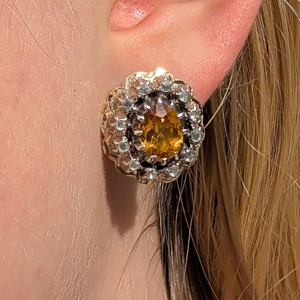 Antique Citrine Diamond Earrings 18K Gold 1940s Vintage Statement Stud Earrings Yellow Gold Floral Cluster Gift for Her