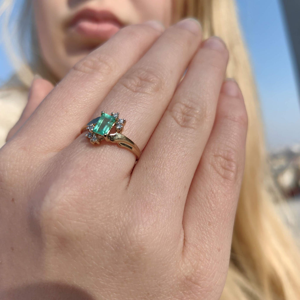 Vintage Square Green Natural Emerald Diamond 14k Solid Yellow Gold Antique Engagement Ring Dainty Stackable Band Gift for Her