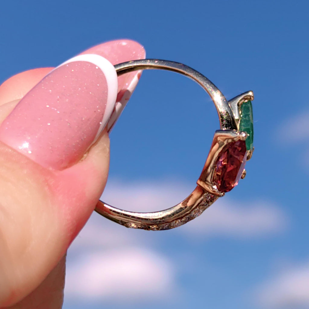 Vintage 14k Yellow Gold Tutti-Frutti Ring: Emerald, Tourmaline & Diamond Bypass