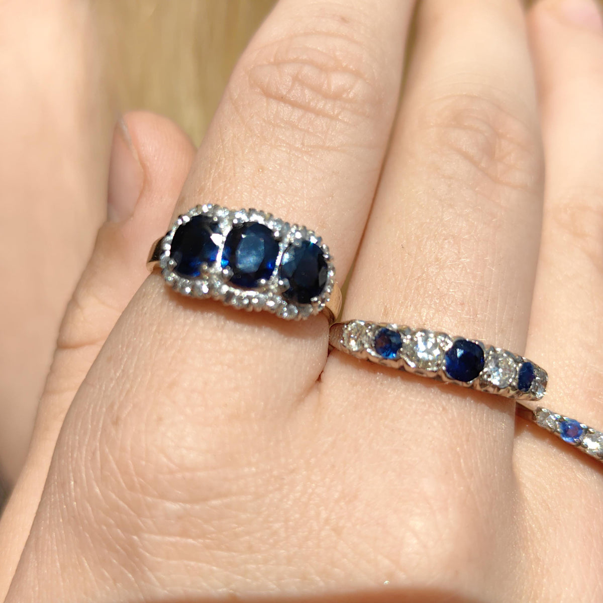 Victorian Style Sapphire Diamond Ring: 14k Yellow Gold, 1950s Vintage