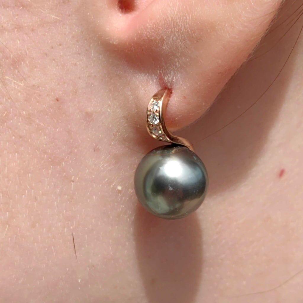 Vintage 15mmTahitian Cultured Franch Polinesia Pearl Diamond 14K Solid Gold Stud Earrings