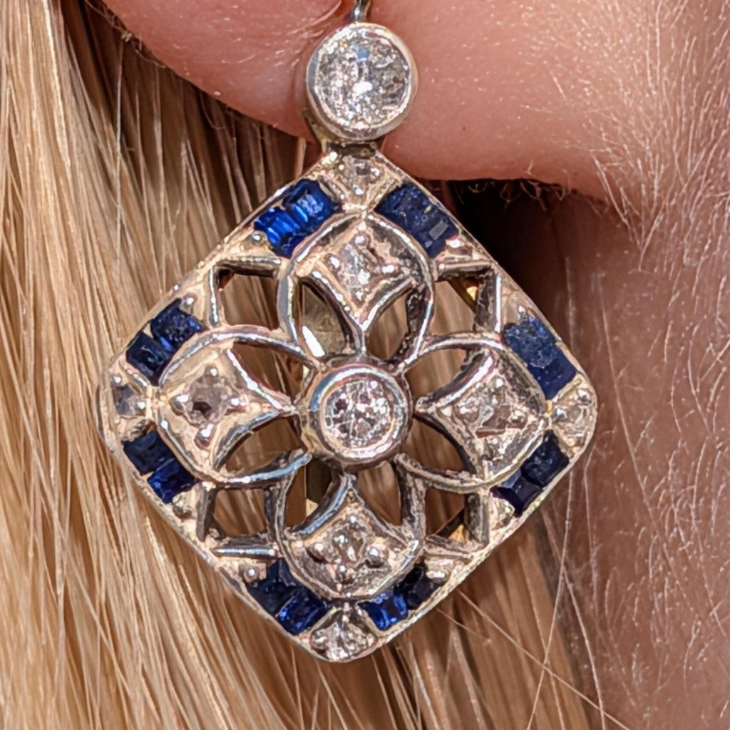 Art Deco Sapphire Diamond Earrings 1920s Antique Gold Leverback Earrings Old Cut Diamond Statement Earrings Gift for Her