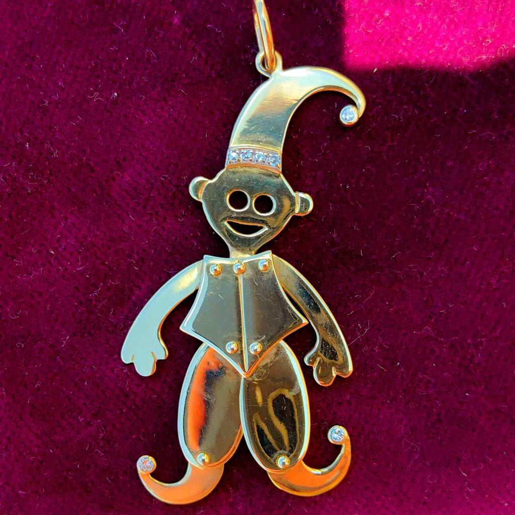 Vintage WEMPE 14K Solid Yellow Gold Jester Clown Pendant with Moving Dangle and Diamonds Large Medal Pendant Retro Fun Jewelry Gift
