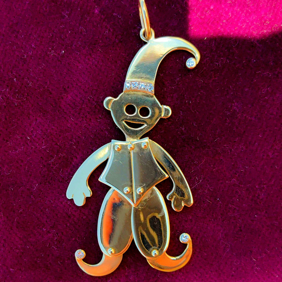 Vintage WEMPE 14K Solid Yellow Gold Jester Clown Pendant with Moving Dangle and Diamonds Large Medal Pendant Retro Fun Jewelry Gift