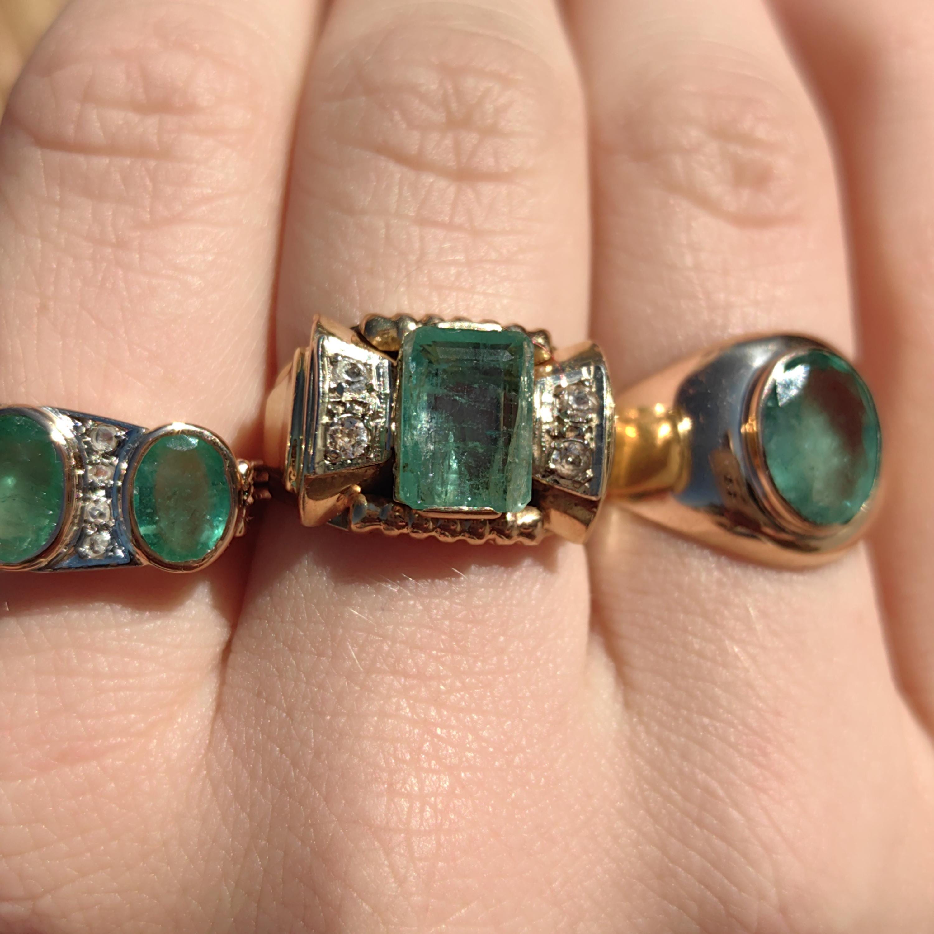 Art Deco 1930s Ring Antique  Genuine 2ct Emerald Diamond solid 18k Gold Vintage Statement Band Chevalier Unisex Estate 6,1gr 6.3/4 resize fr