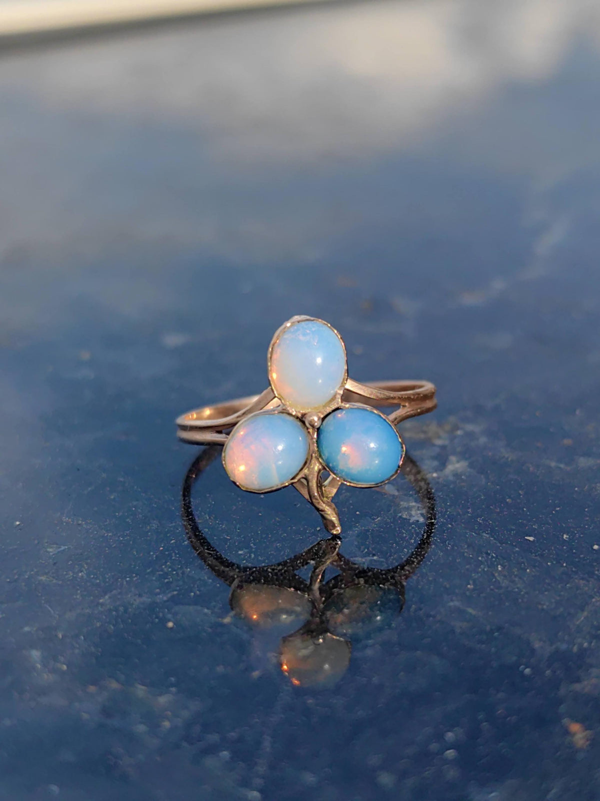 Art Nouveau Antique Opal 1900s Tref Clover Solid 14k Yellow Rose Gold Vintage Floral Flower Dainty Ring Gift for Her Girl Romantic Present.