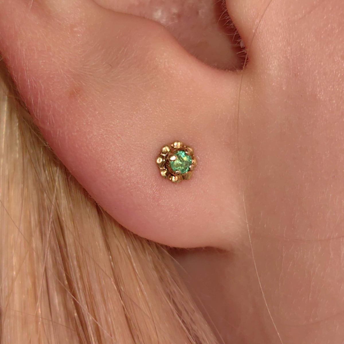 Victorian Natural Emerald 9k Yellow Gold  Floral Stud Tiny Earrings 1880s Vintage Dainty Gift for Her Present for girl Screw Back Closure.