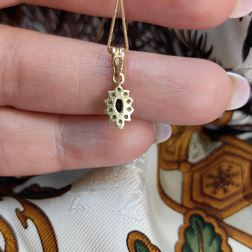 Vintage 14k Solid Yellow Gold Blue Sapphire Cluster Cubic Zirconia Necklace Pendant Bracelet Charm Gift for Her Retro Antique Pendant