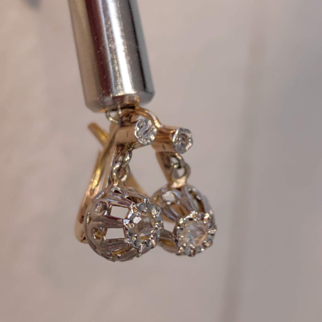 1940s Art Deco Diamond 18k Gold Earrings: Lever Back Dormeuse