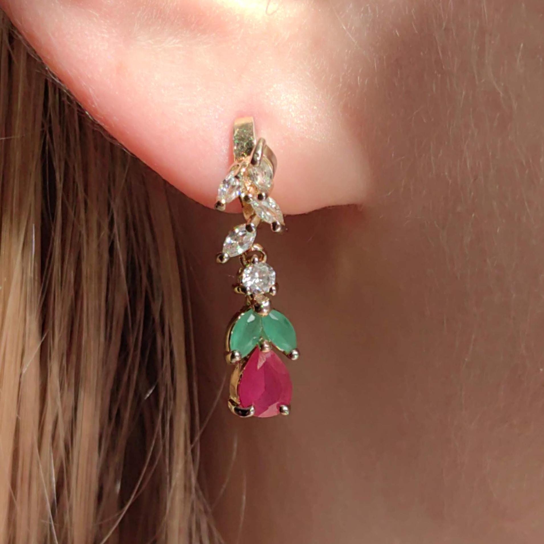 9k Gold Floral Dangle Earrings: Ruby, Emerald & Cubic Zirconia