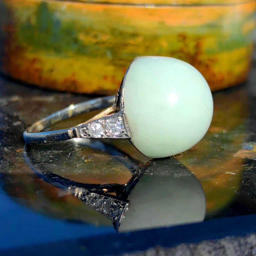 1920s Art Deco Jade Diamond Ring: 18k White Gold French Hallmarks