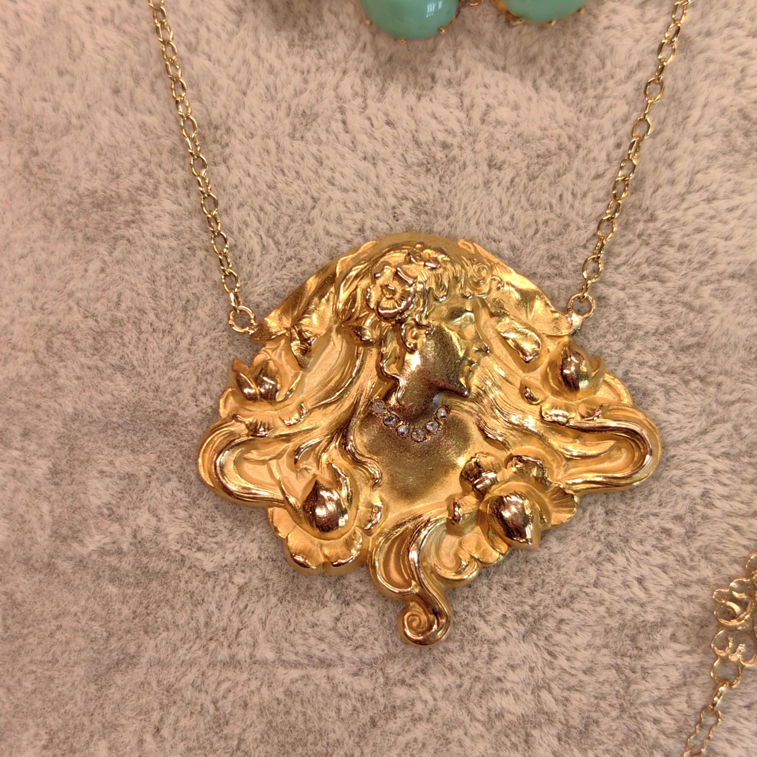 Antique Original Art Nouveau 14K Gold Lady Pendant Necklace French Belle Époque Woman Relief Repoussé Medallion c1900 Hallmarked