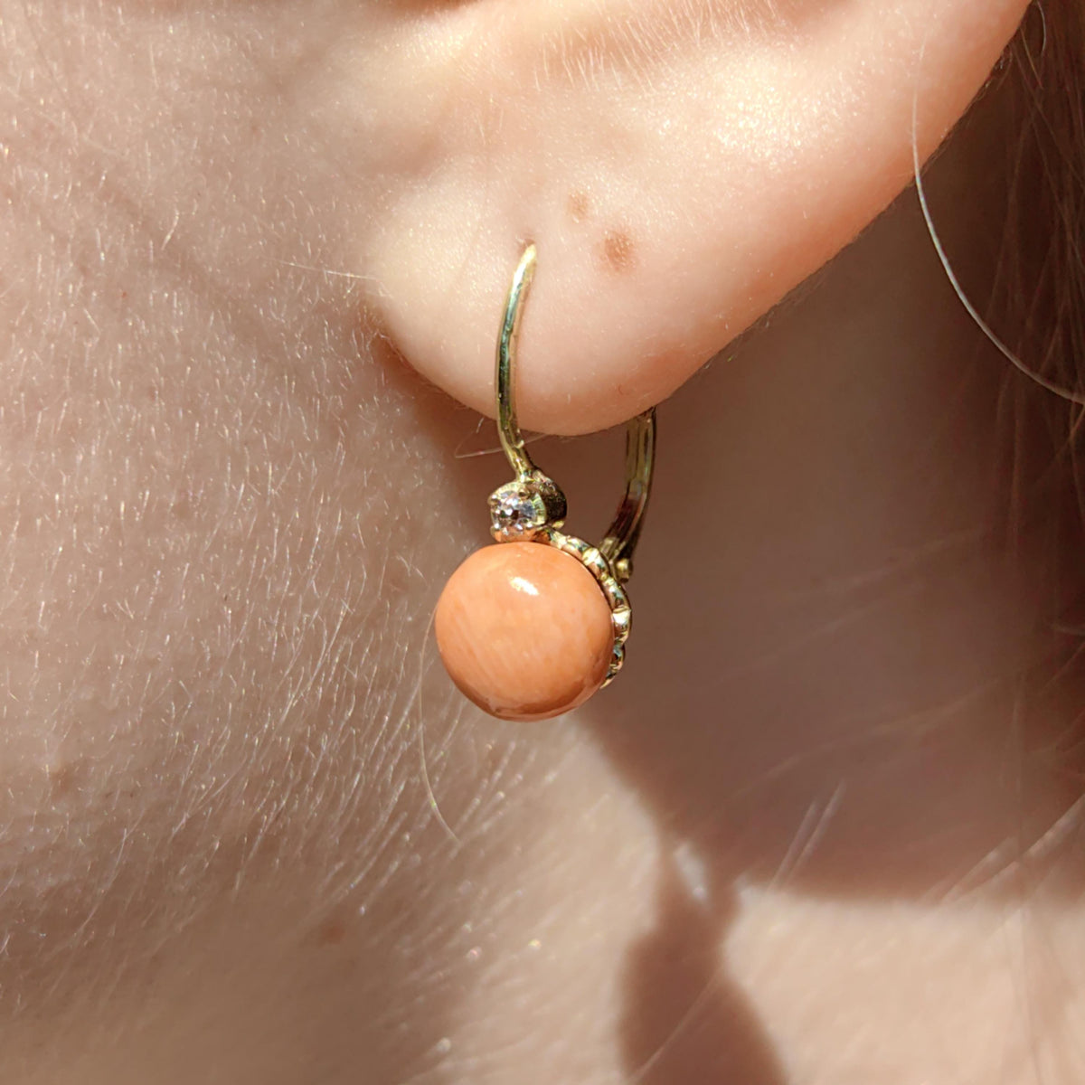 Vintage 14k Gold Coral & Diamond Earrings: Mid Century Mediterranean Design