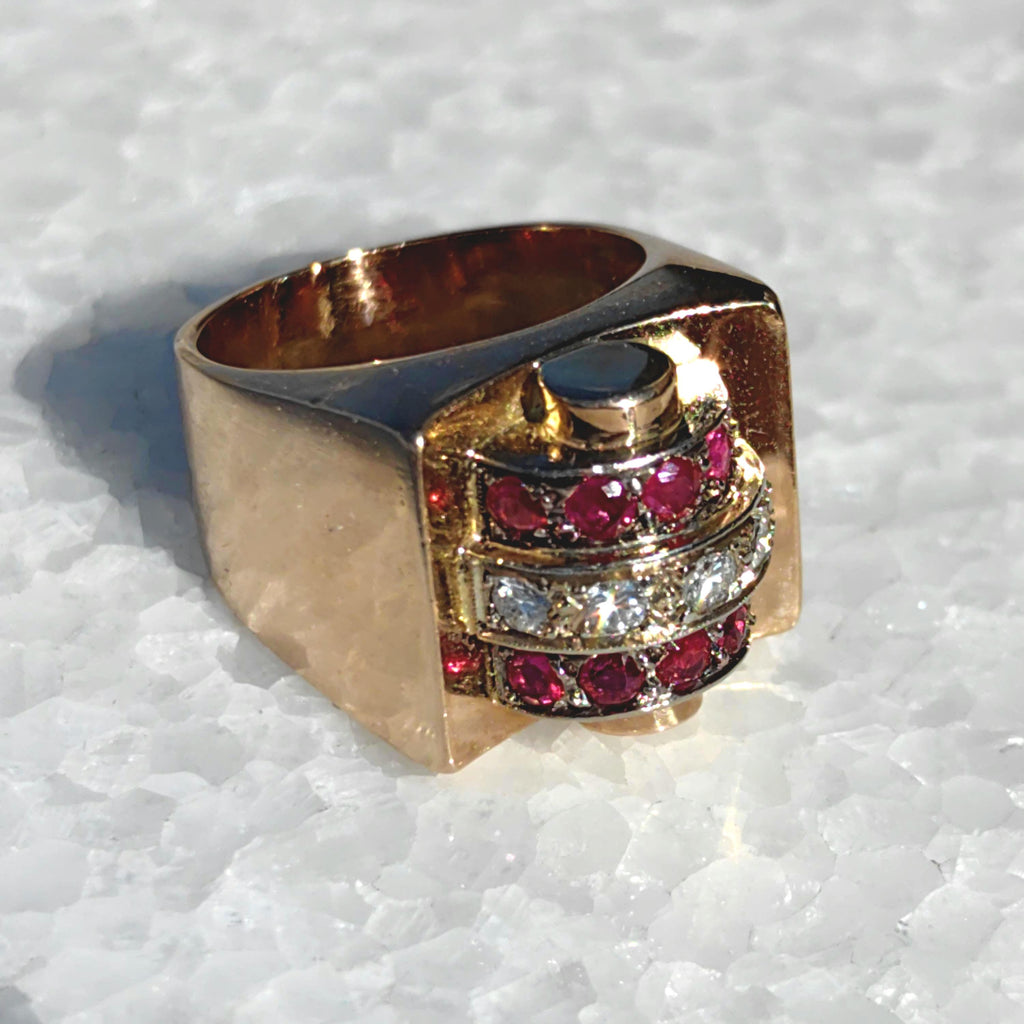 French Art Deco 18k Gold Tank Chevalier Ring: natural Ruby, Diamond Statement Jewelry 1920s luxurious stylish gift, Unisex original antique