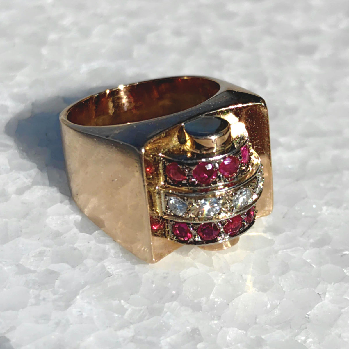 French Art Deco 18k Gold Tank Chevalier Ring: natural Ruby, Diamond Statement Jewelry 1920s luxurious stylish gift, Unisex original antique