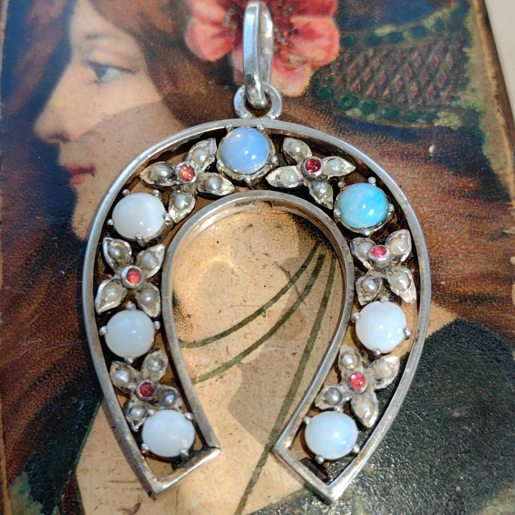 Antique Art Nouveau Silver Horseshoe Pendant: Moonstone, Pearl & Ruby