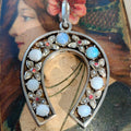 Antique Art Nouveau Silver Horseshoe Pendant: Moonstone, Pearl & Ruby