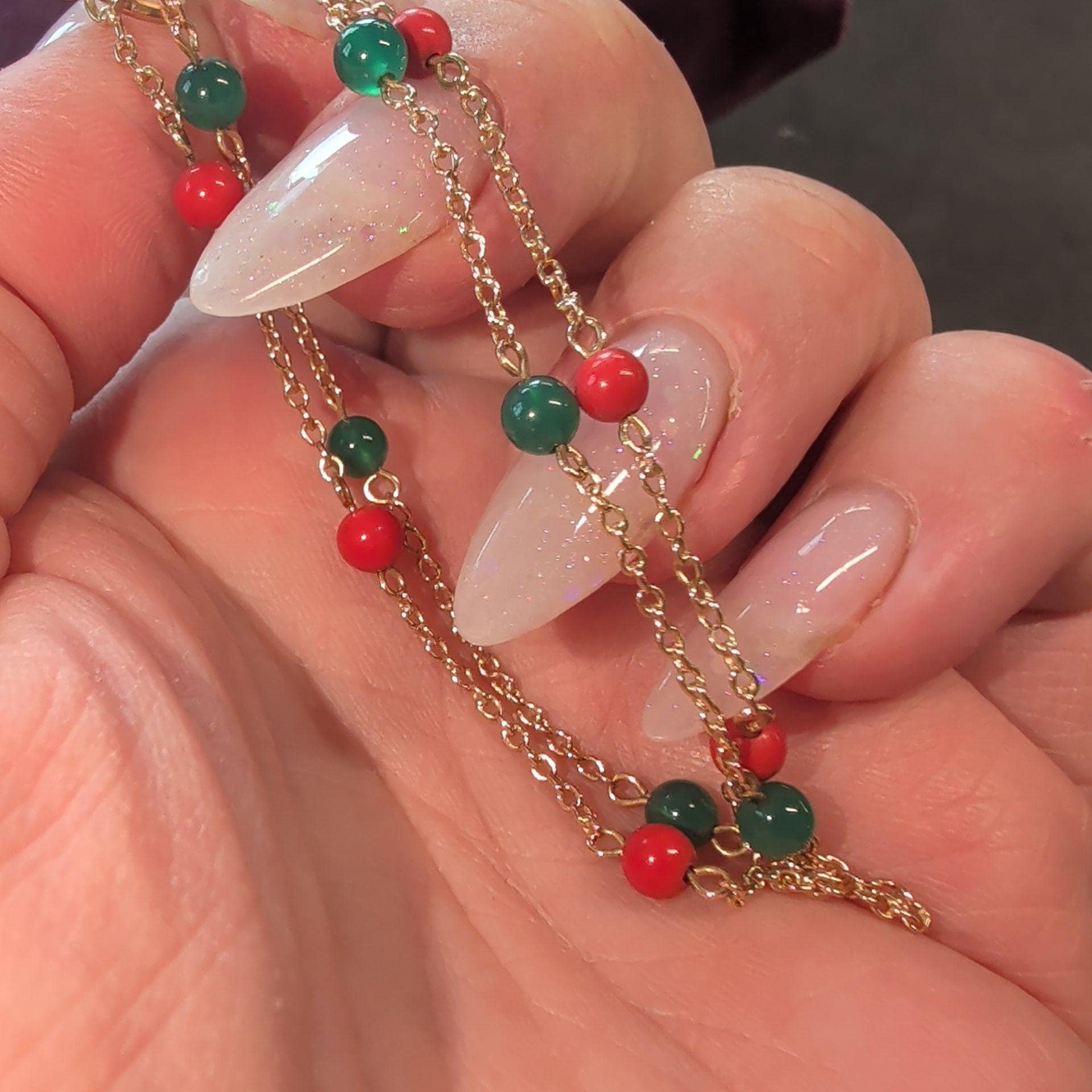 1900s Antique 18k Gold Coral Chrysoprase Beaded Chain Bracelet, 19 cm, 4mm Gemstone Beads, 3.90g Estate Jewelry Gift for Her
