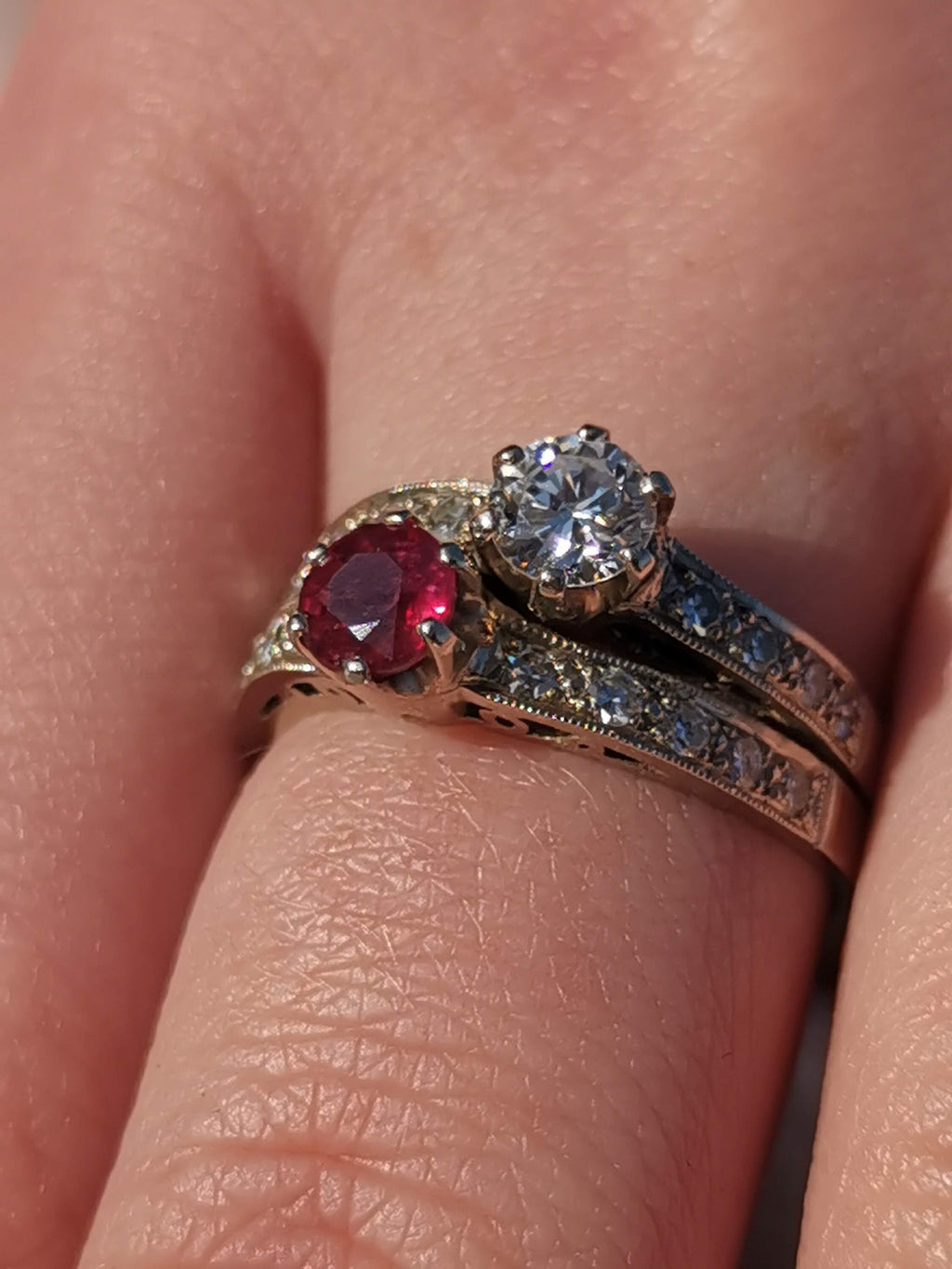 Art Deco Toi et Moi Ring: Ruby and Diamond 14k White Gold, 1930s