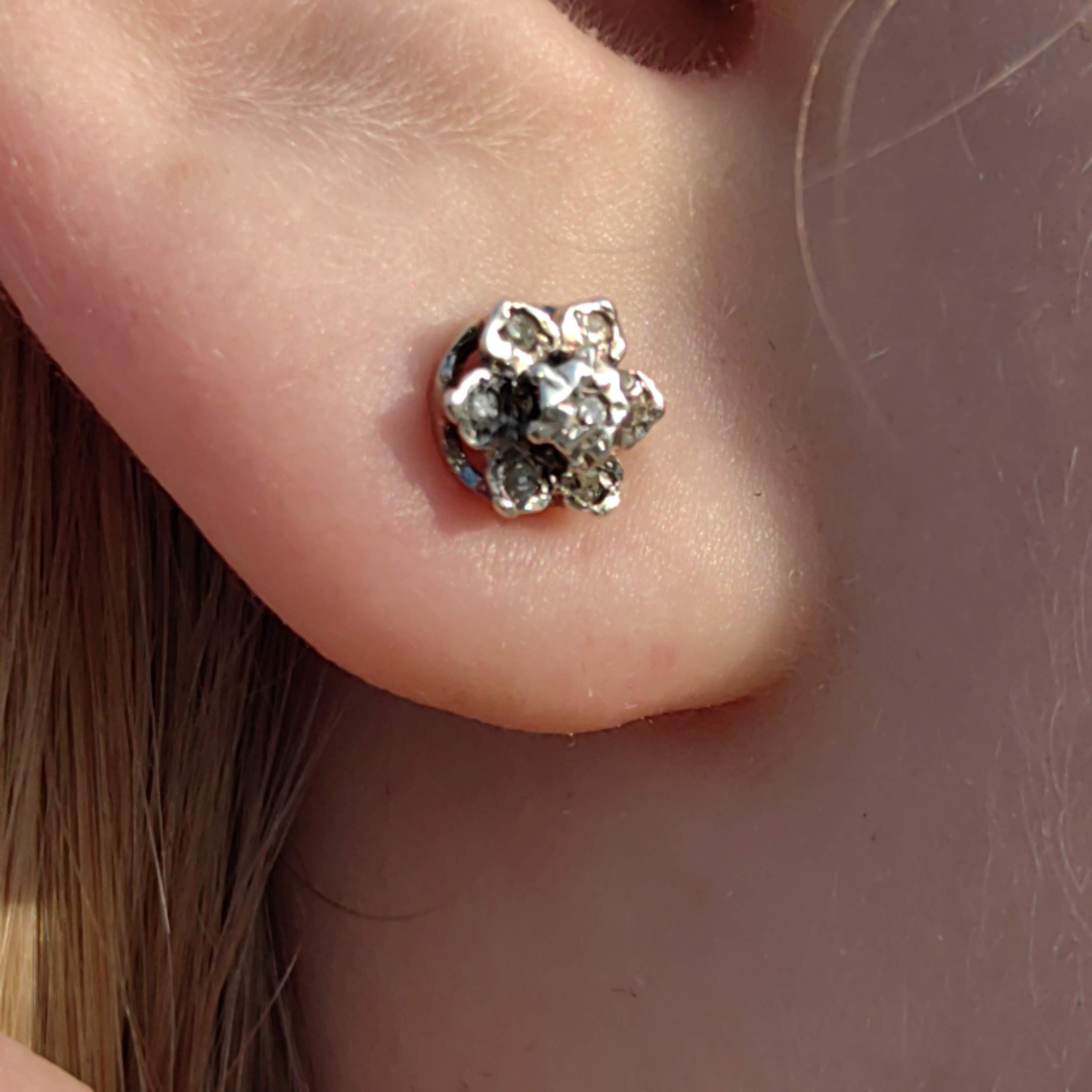 Art Deco 14k Gold Diamond Floral Stud Earrings: 1940s Vintage Engagement