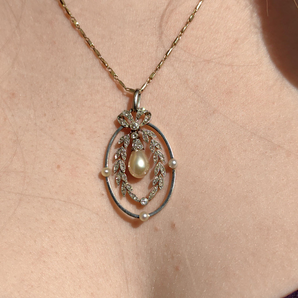 Art Nouveau Diamond Pearl Pendant: 18k Gold Platinum Edwardian Jewelry