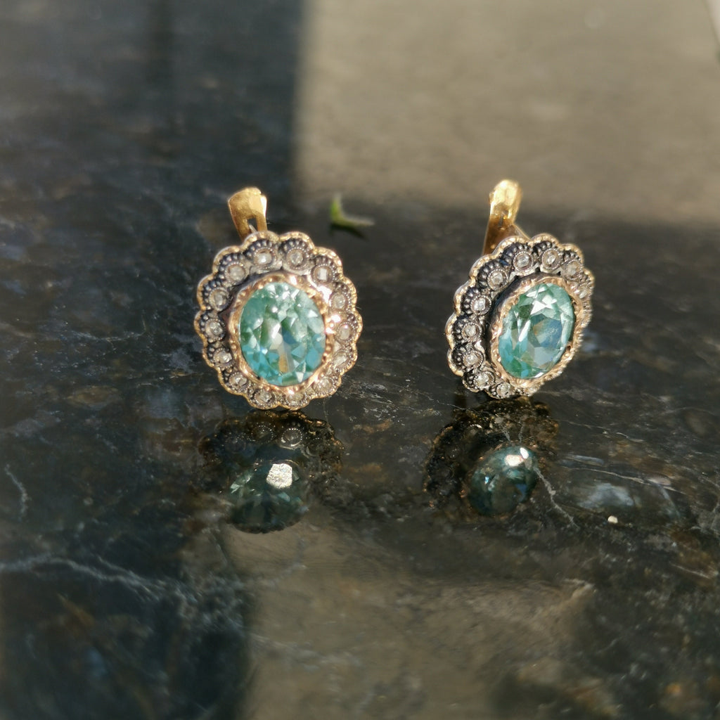 Vintage 1940s Aquamarine Diamond Earrings: 19.2k Gold & Silver Studs