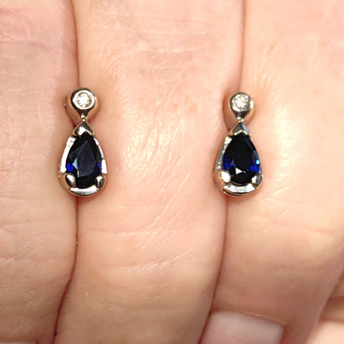 Sapphire and Diamond Hallmarked 18k Solid White Gold Earrings Antique Vintage Blue White Stud Earrings, Gift for Her Anniversary Earrings