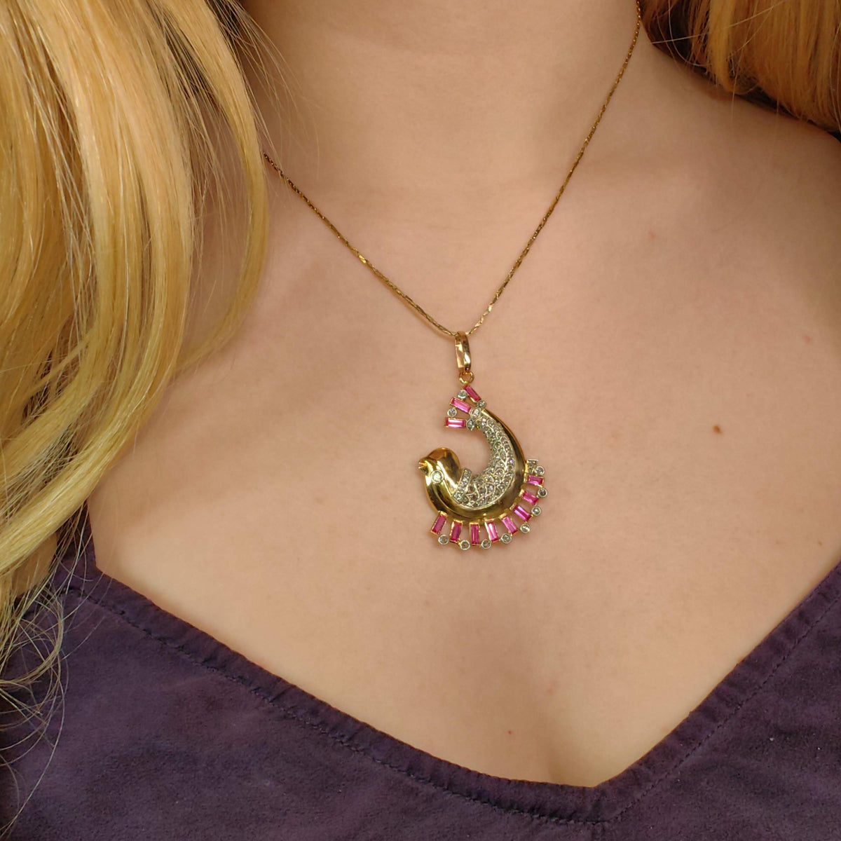 Art Deco 18K Gold Dolphin Pendant: Diamond & Ruby Accent