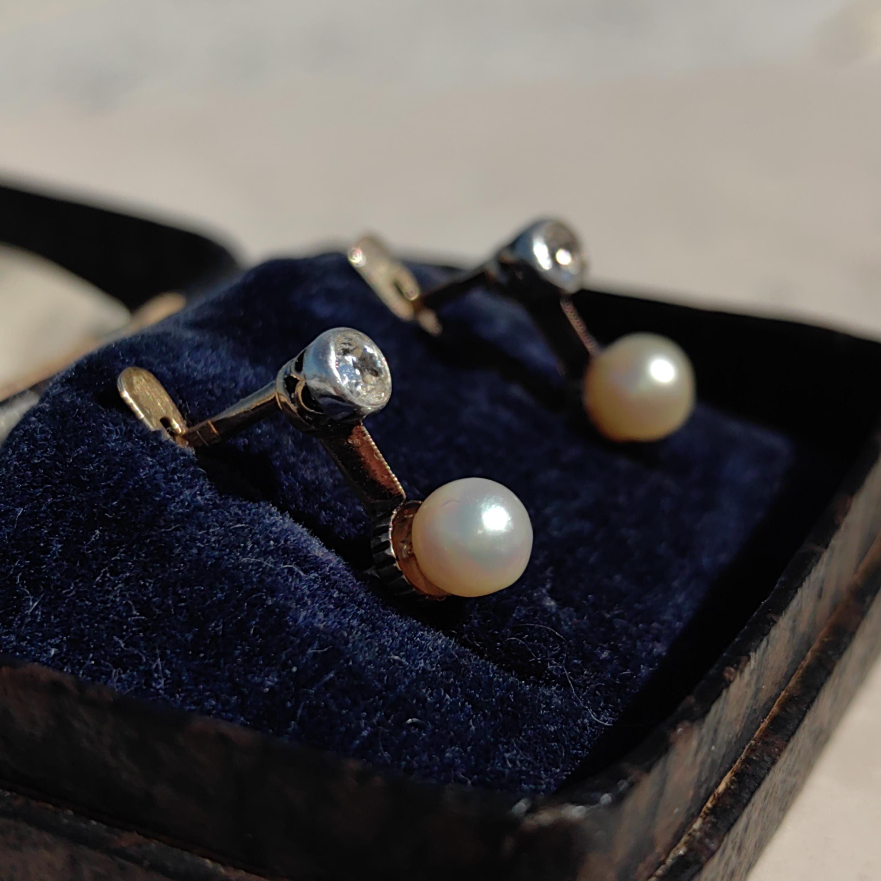 Diamond Pearl Solid Yellow 18k Gold Art Deco 1930s Elegant Sleepers Dormouse Dangle Drop Latch Back Antique Vintage Earrings Gift for Her