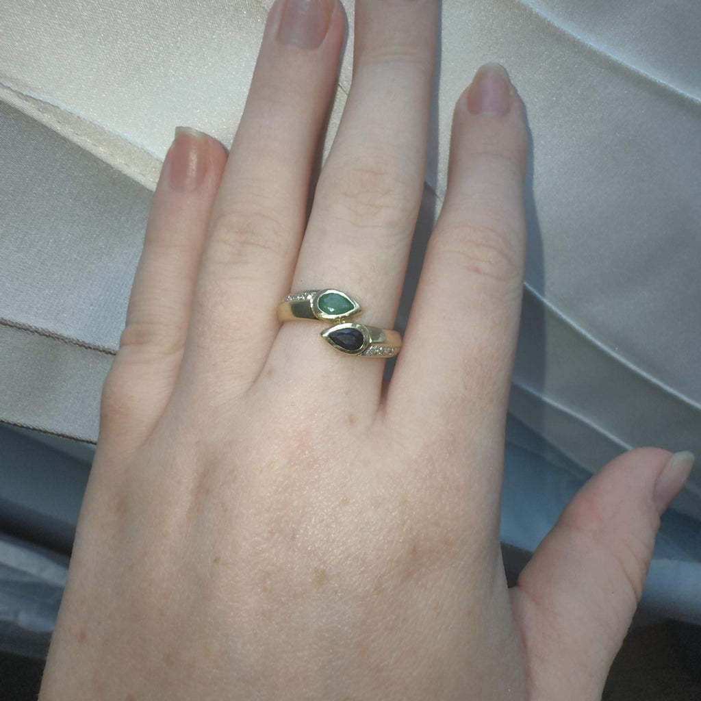 RESERVED for K.!!Vintage 14k Solid yellow Gold Natural green Emerald Blue Sapphire  Diamond Ring:Dainty Stackable Band Engagement Ring Gift