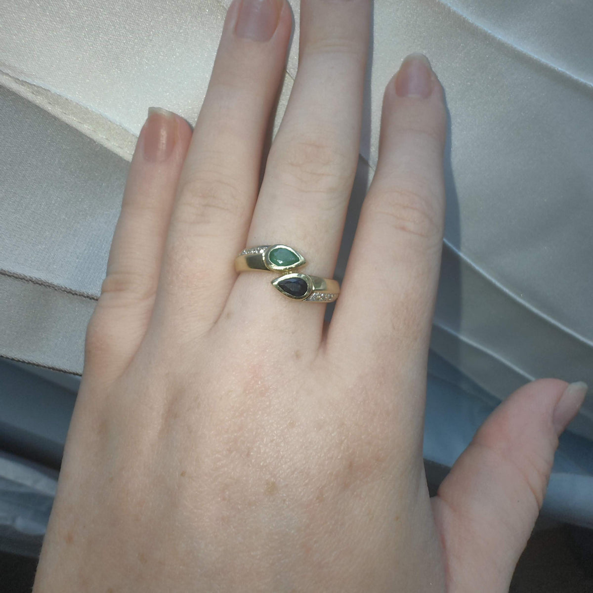 RESERVED for K.!!Vintage 14k Solid yellow Gold Natural green Emerald Blue Sapphire  Diamond Ring:Dainty Stackable Band Engagement Ring Gift