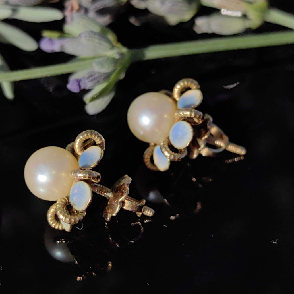Victorian 18k Gold Pearl Earrings: Enamel Flower Studs