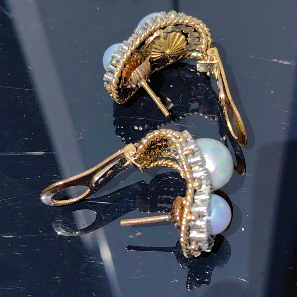 Art Deco 18k Solid Yellow Gold Natural Gray Sea Pearl Diamond Earrings 1930s Vintage Omega Closures Statement Earrings Gift for Her