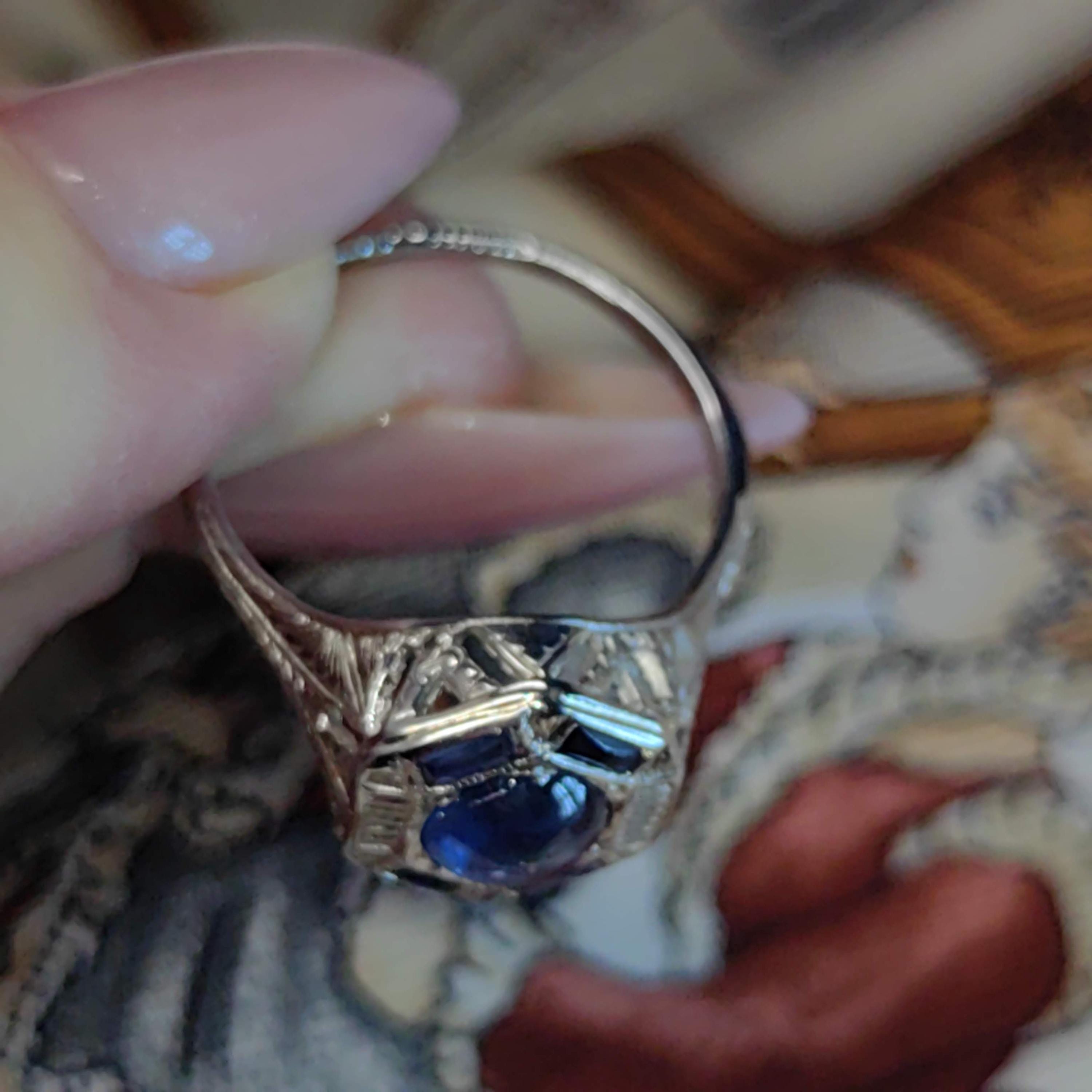 Vintage Art Deco 1920s Edwardian 14k Solid White Gold Natural Blue Star Sapphire Hand Chiselled Elegant Ring Gift for Her Present