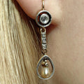 Antique 18k Gold Pearl Earrings: Rose Cut Diamond Art Nouveau Dangles