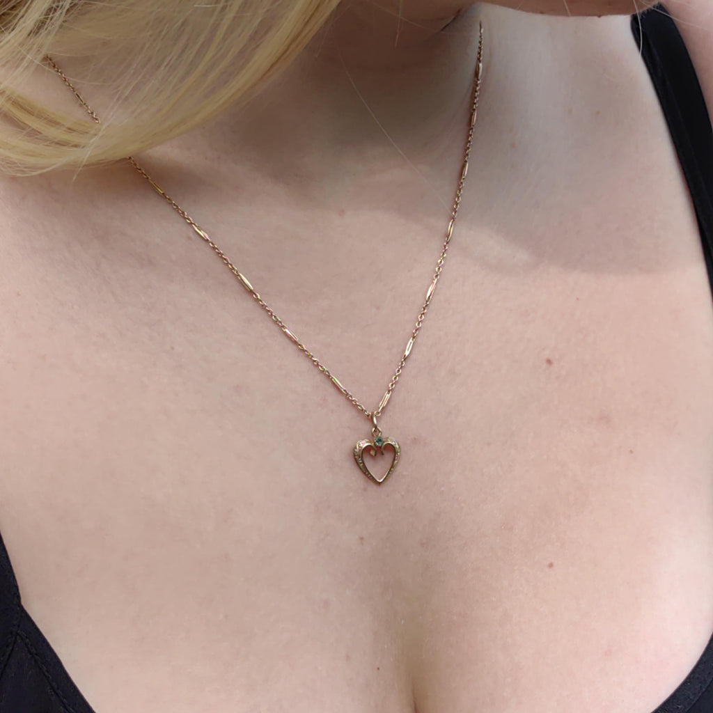 Solid 14k Yellow Gold Filigree Hand Chiseled Emerald Heart Necklace Pendant Antique Vintage Dainty Bracelet Charm Gift for Her
